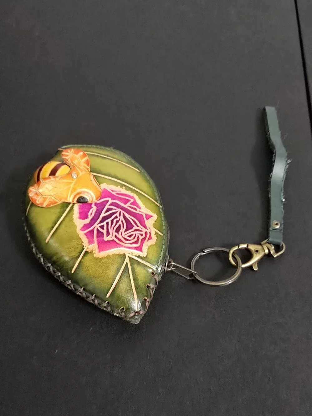 Leather Teardrop Keychain Wallet with Pink Rose and Orange Bee